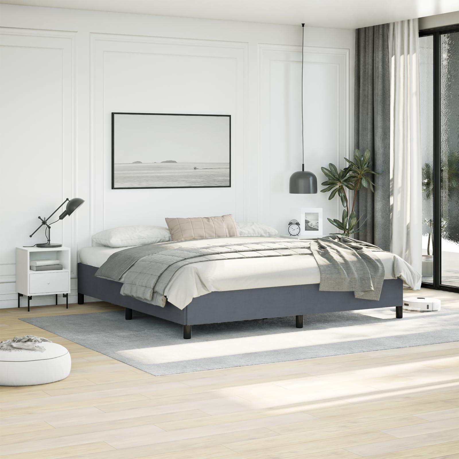 vidaXL King Size Bed Frame with Plywood Slats, Platform Bed Frame, Velvet Upholstered Mattress Foundation, No Box Spring Needed & Easy Assembly, Dark Gray, Without Mattress