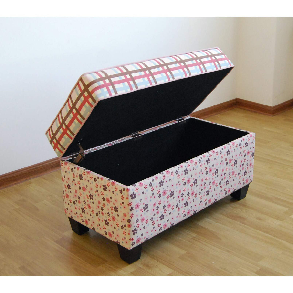 Plaid Floral Wooden Handmade Upholstered Storage Bench With Poly-Cotton Fabric Blend