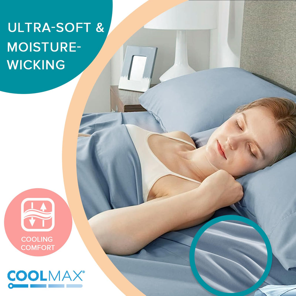 Comfort Spaces Coolmax Moisture Wicking Sheet Set Soft, Fade Resistant, All Elastic Deep Pocket Fits Up To 16' Mattress - Warm Weather Cooling Sheets For Night Sweats, Twin Xl, Blue, 3 Piece