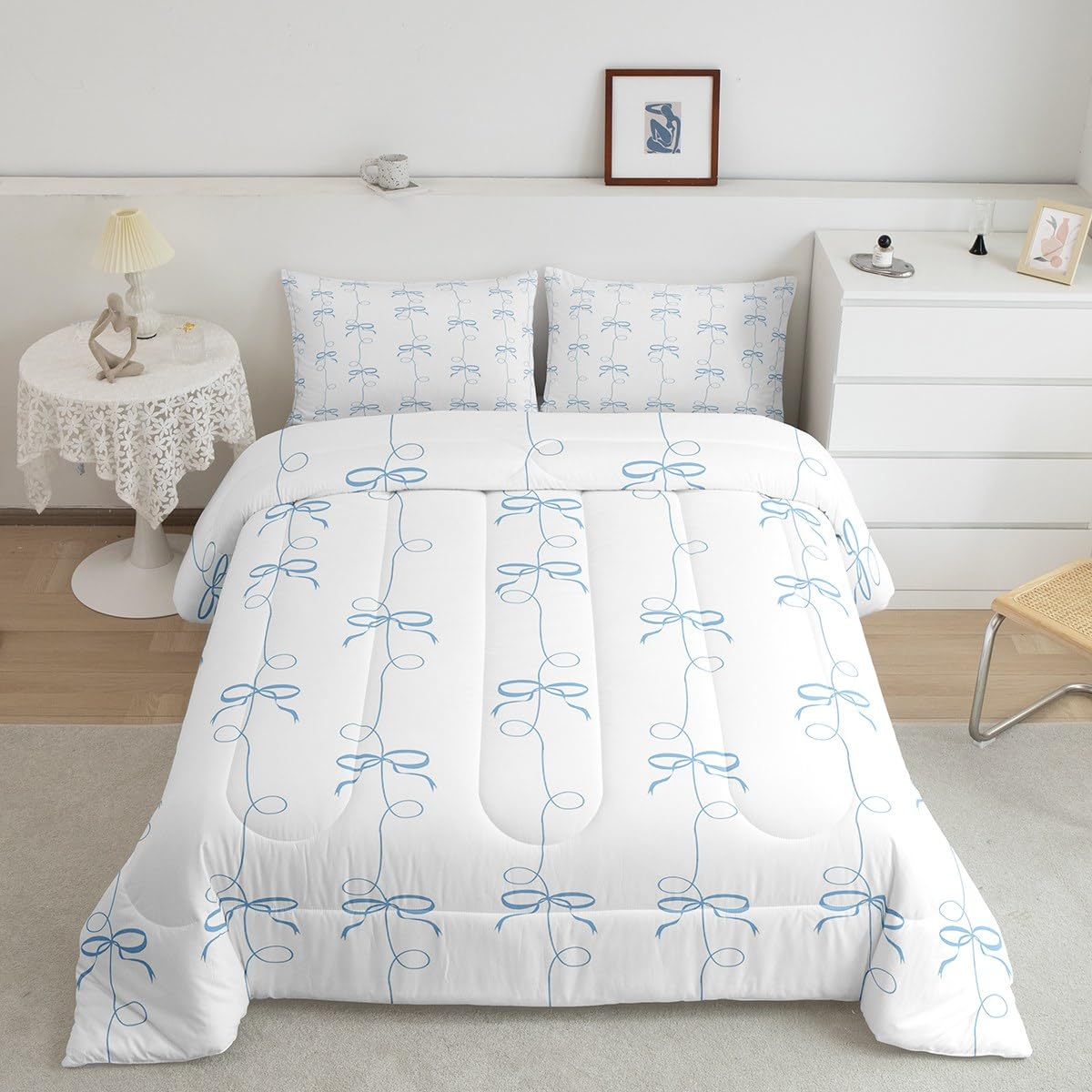 Feelyou Kids Girls Blue Bow Comforter Set,Geometric Line Bow Bedding Set Twin Size,Kawaii Bowknot Comforter,Cute Bed Set