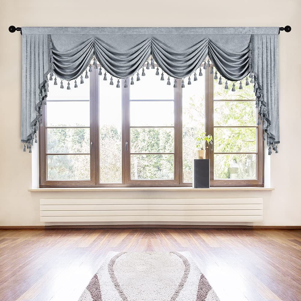 Elkca Thick Chenille Window Curtains Valance For Living Room Silver Grey Waterfall Valance For Bedroom,Rod Pocket (W118Inch, 1 P