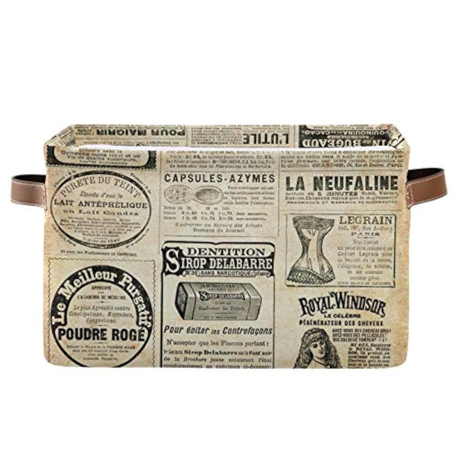 LELEGO Rectangular Storage Basket Vintage Newspaper Quote Storage Bins Boxes Collapsible Storage Cubes Organizer with Leather Ha