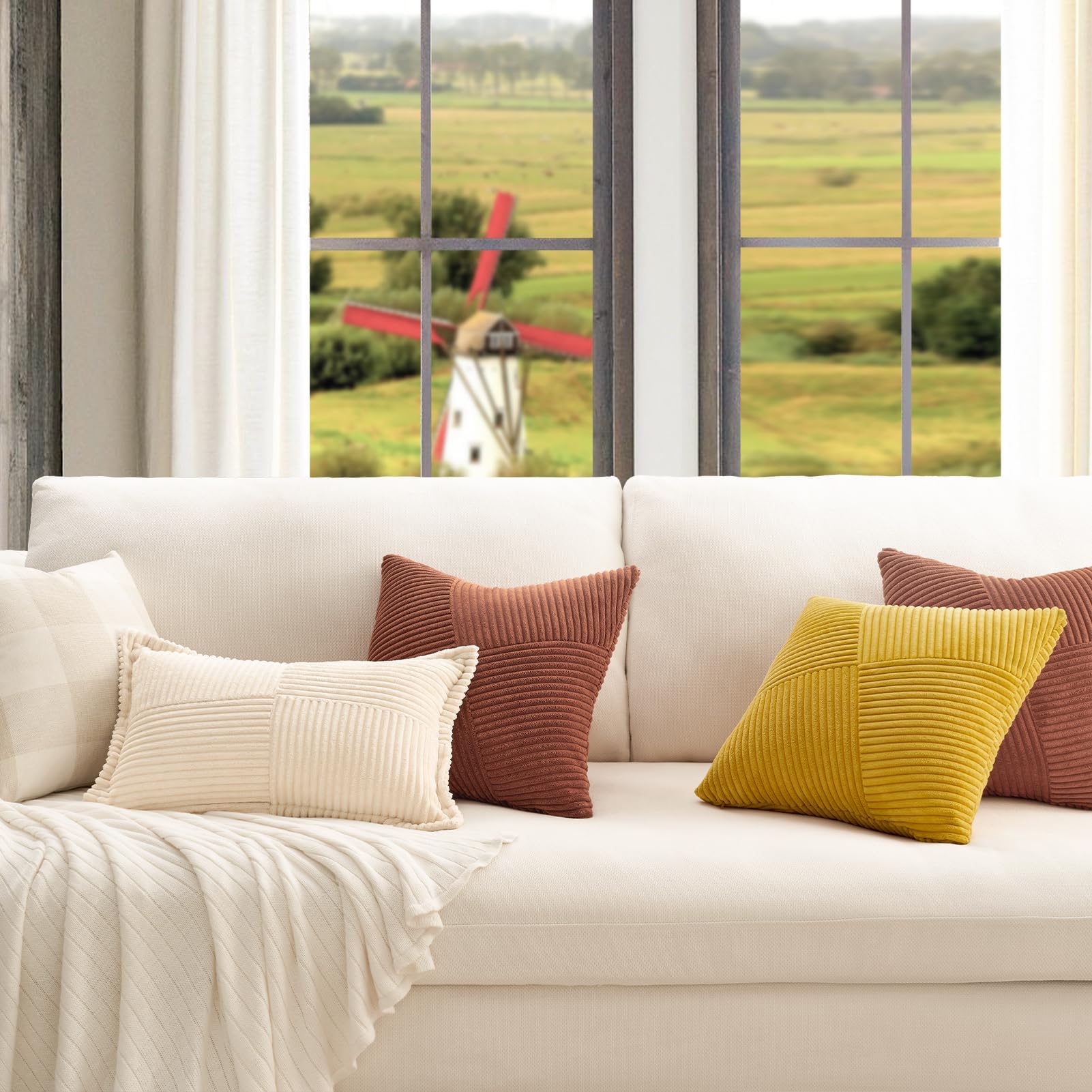 Topfinel Set Of 2 Decorative Terracotta Throw Pillow Covers 12X12 Inch, Soft Corduroy Pillow Covers Windmill Textured Striped Pa