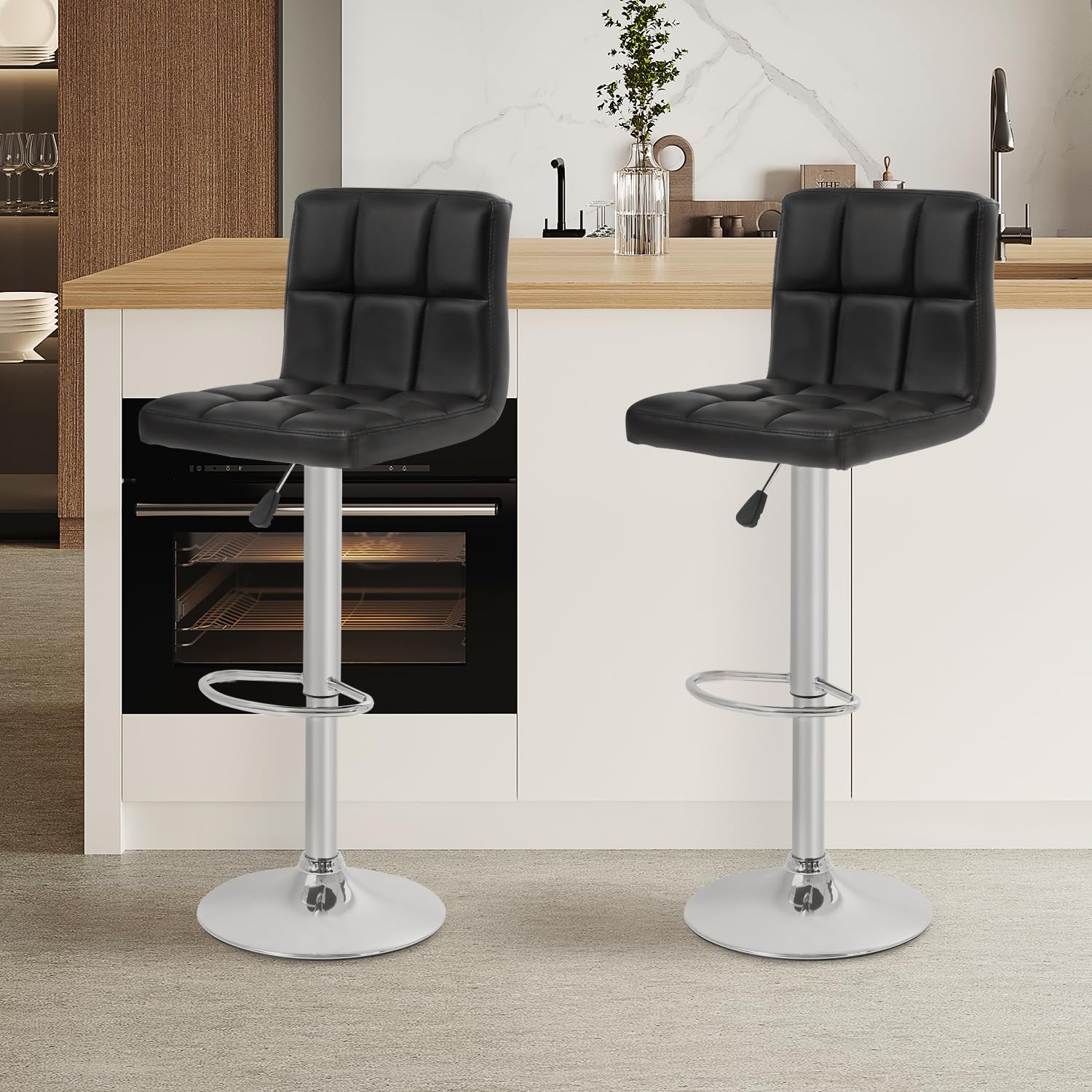 Bestoffice Bar Stools Set Of 2, Adjustable Swivel Bar Stools, Counter Height Bar Stools With Back Pu Leather Armless Hydraulic Kitchen Counter Bar Stool (Black)