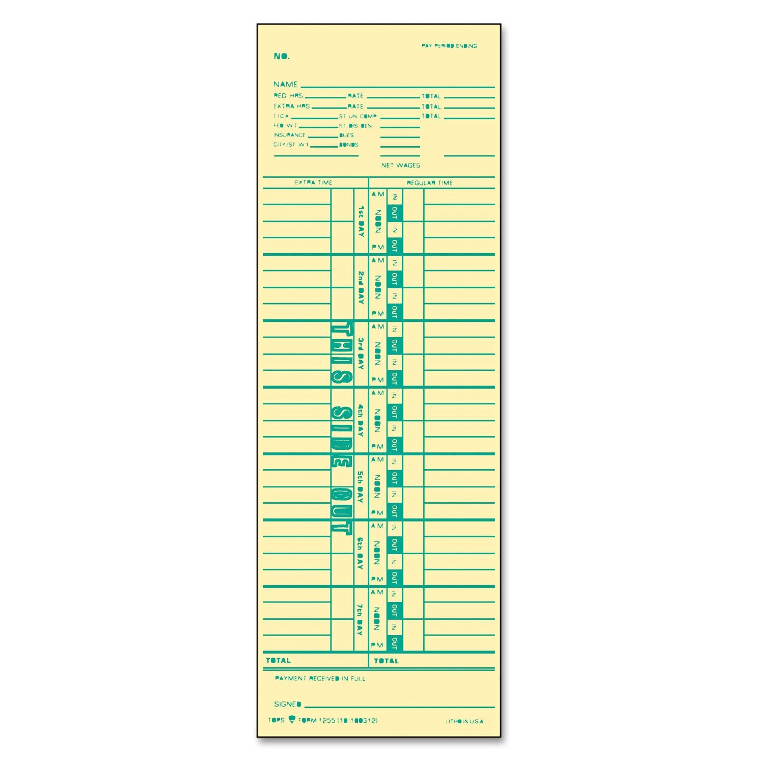 Tops Time Cards, Weekly, 1-Sided, Numbered Days, 3-1/2' X 10-1/2', Manila, Green Print, 500-Count (1255)