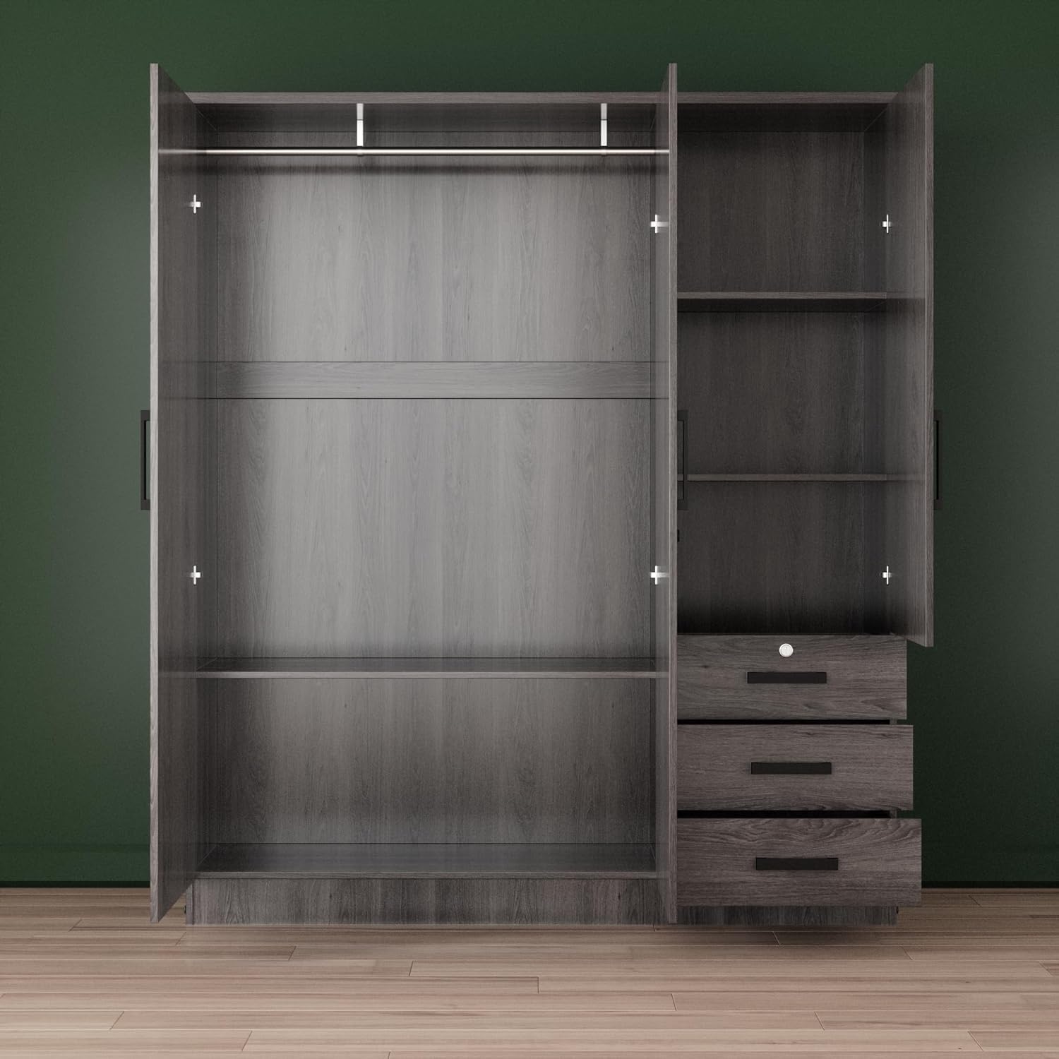 Violet Wardrobe Mirrored Door Closet 3 Doors and 3 Drawers (Grey)