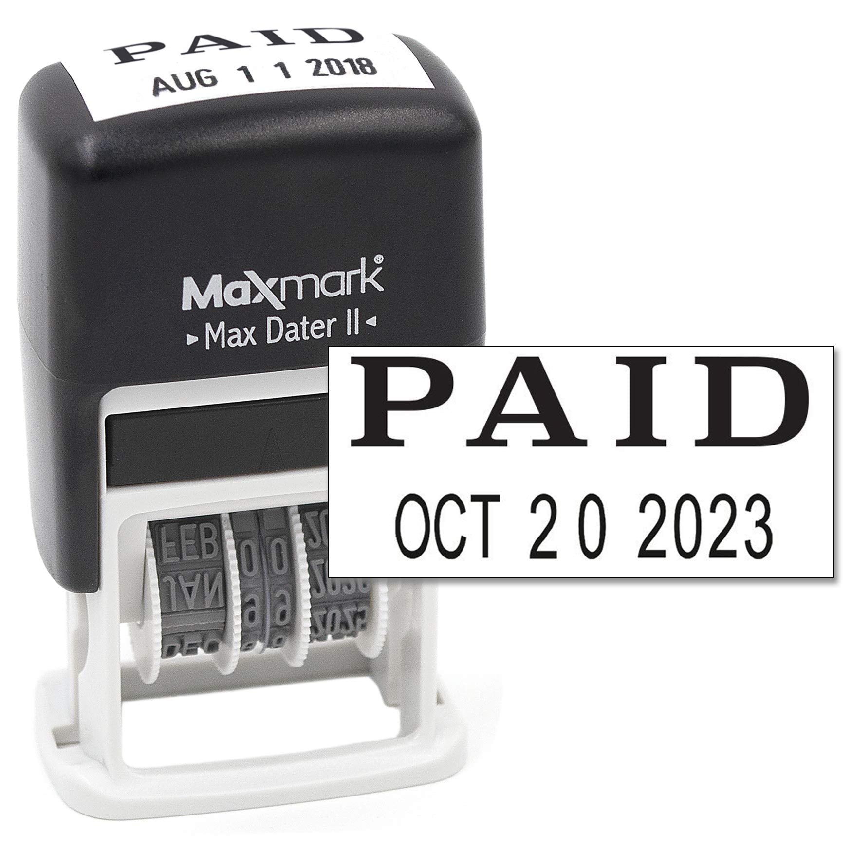 Maxmark Self-Inking Rubber Date Office Stamp With Paid Phrase & Date - Black Ink (Max Dater Ii), 12-Year Band