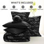 Muxhomo Black Bed In A Bag Queen 7 Pieces, Queen Comforter Set Reversible Botanical Flowers Design, Ultra Soft & Breathable Bedd