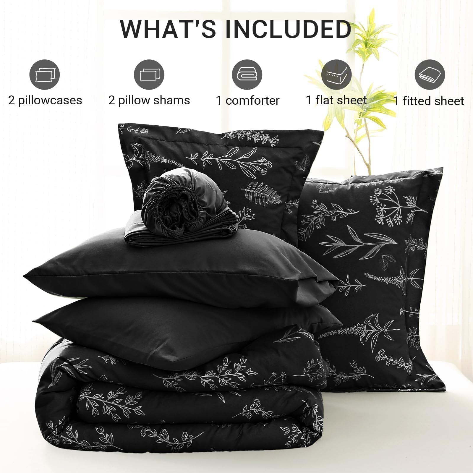 Muxhomo Black Bed In A Bag Queen 7 Pieces, Queen Comforter Set Reversible Botanical Flowers Design, Ultra Soft & Breathable Bedd