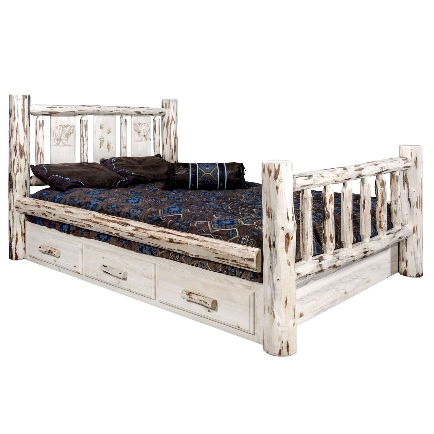 Montana Woodworks Bear Design Storage Engraved Bed in Clear Lacquer Finish (Twin: 87 in. L x 46 in. W x 47 in. H (314 lbs.))