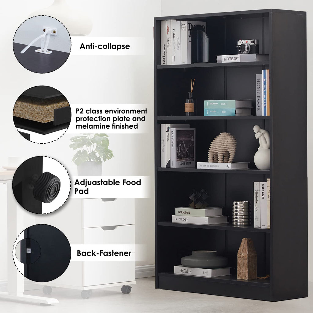 Sunon Wood Bookcase 5-Shelf Freestanding Display Wooden Bookshelf For Home Office School (11.6'' D*33'' W*59.8'' H,Black)