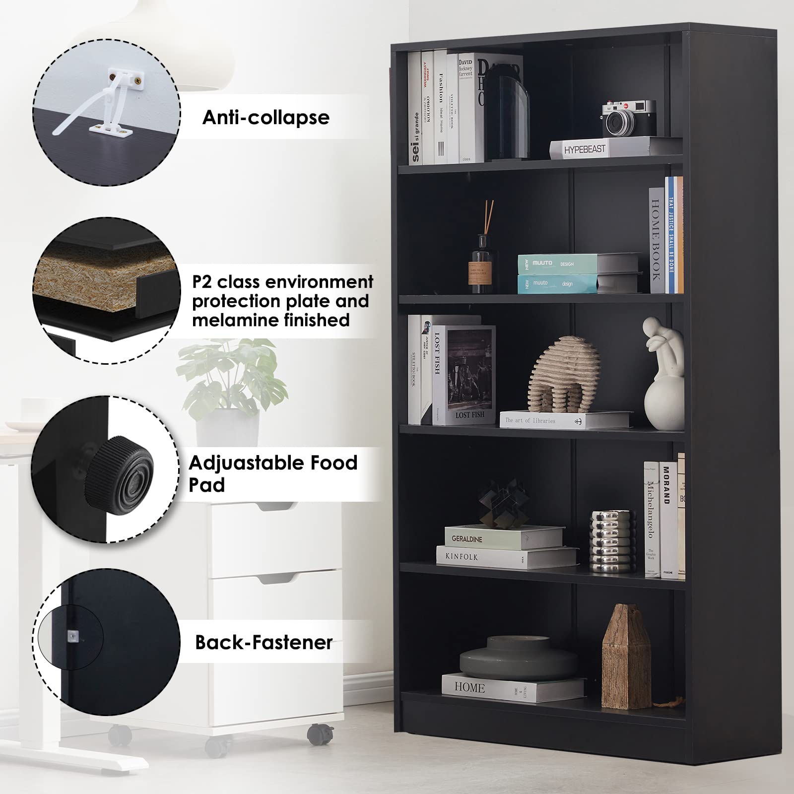 Sunon Wood Bookcase 5-Shelf Freestanding Display Wooden Bookshelf For Home Office School (11.6'' D*33'' W*59.8'' H,Black)