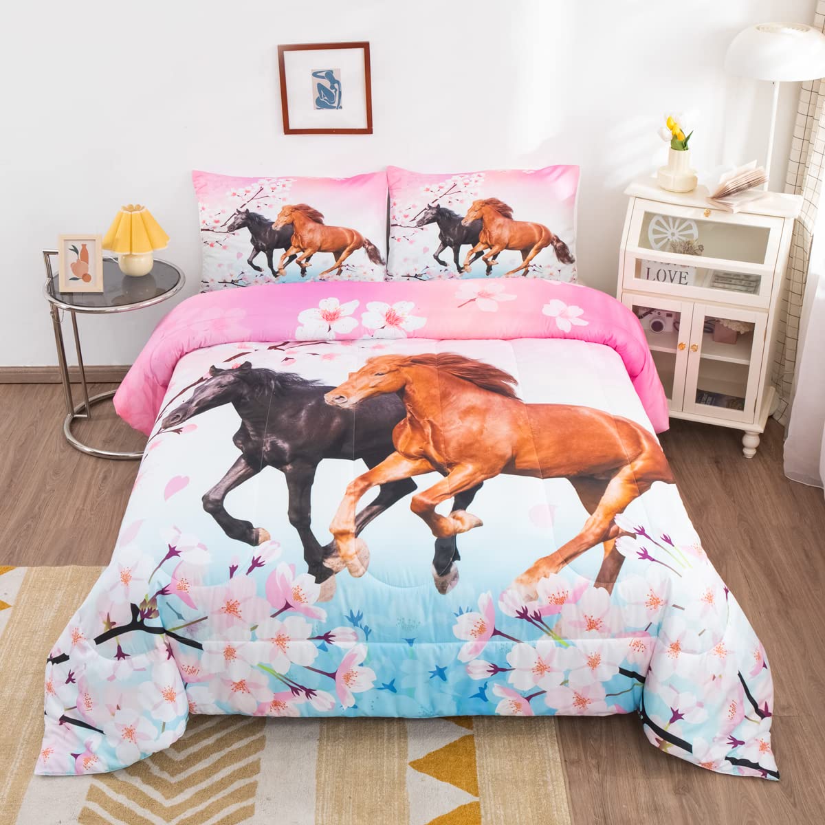 Feelyou Girls Horse Bedding Set Twin Size Galloping Horses Comforter Set For Kids Teens Cherry Blossom Comforter 3D Wild Animal