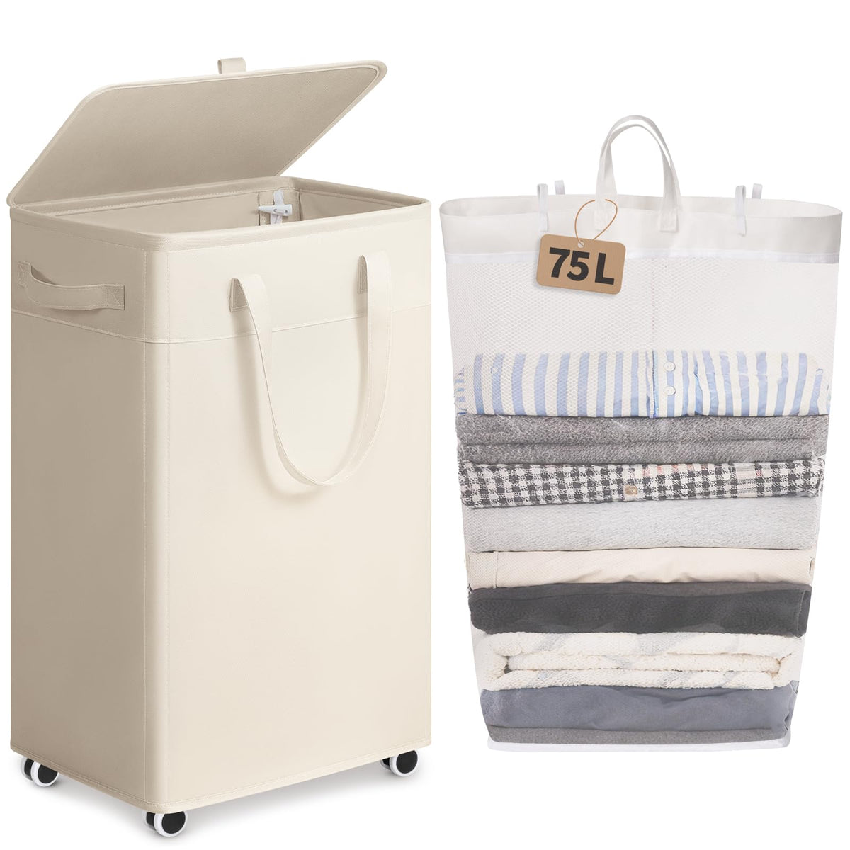 Goodpick 75L Rolling Laundry Basket with Wheels and Lid, White