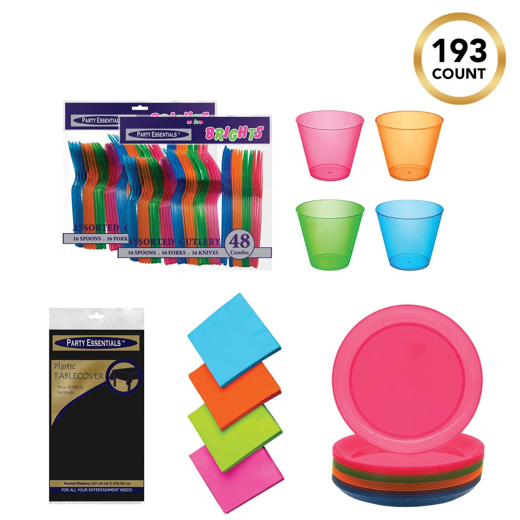 Party Essentials Disposable Plastic Glow-In-The-Dark Party Supplies Dinnerware Decorations, Plate/Cup/Cutlery/Tablecover, 193 Pc