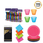 Party Essentials Disposable Plastic Glow-In-The-Dark Party Supplies Dinnerware Decorations, Plate/Cup/Cutlery/Tablecover, 193 Pc