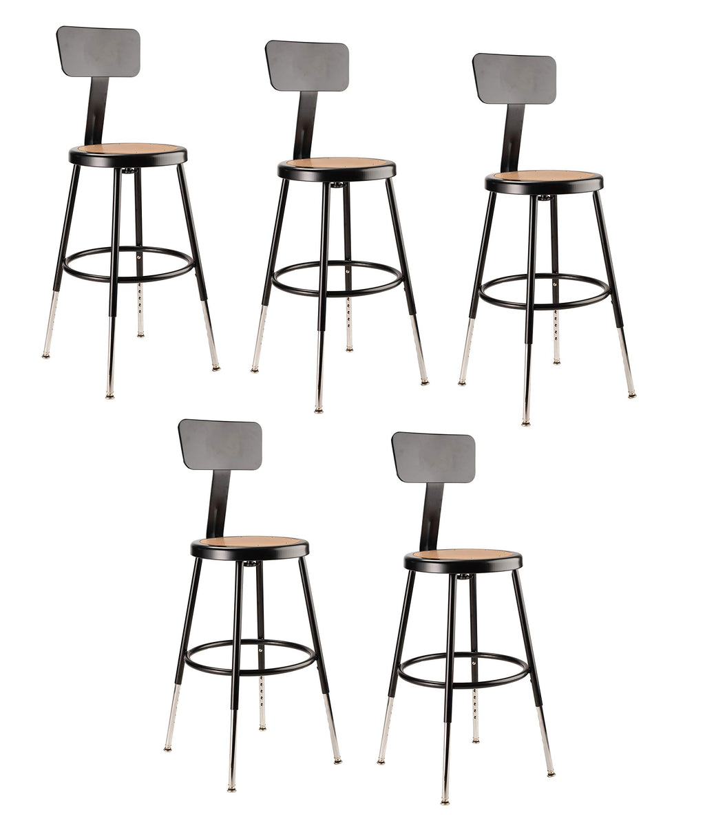 National Public Seating 6218Hb-10-Cn 19" X 27" Height Adjustable Heavy Duty Steel Stool With Backrest (5 Pack), Black