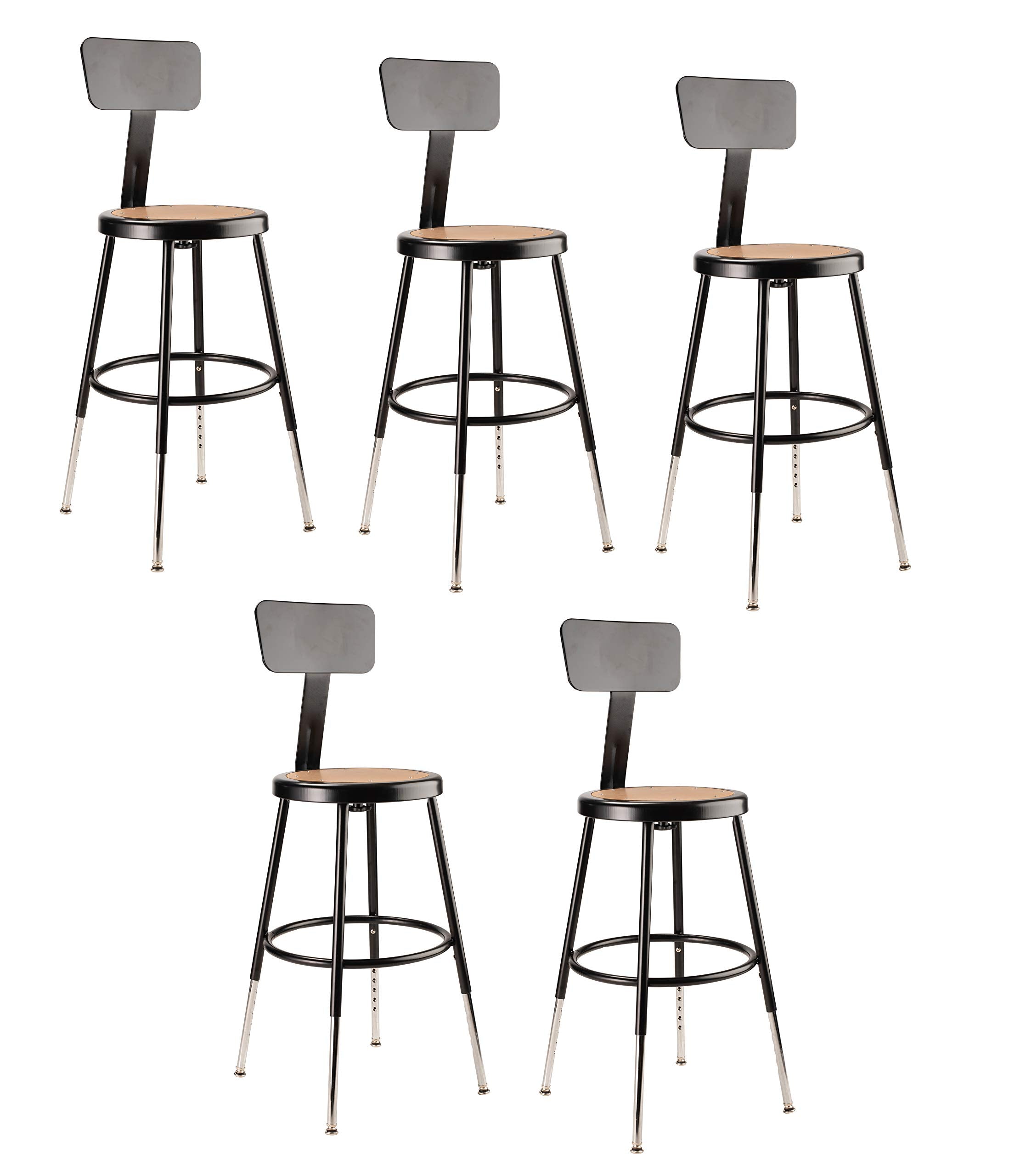 National Public Seating 6218Hb-10-Cn 19" X 27" Height Adjustable Heavy Duty Steel Stool With Backrest (5 Pack), Black