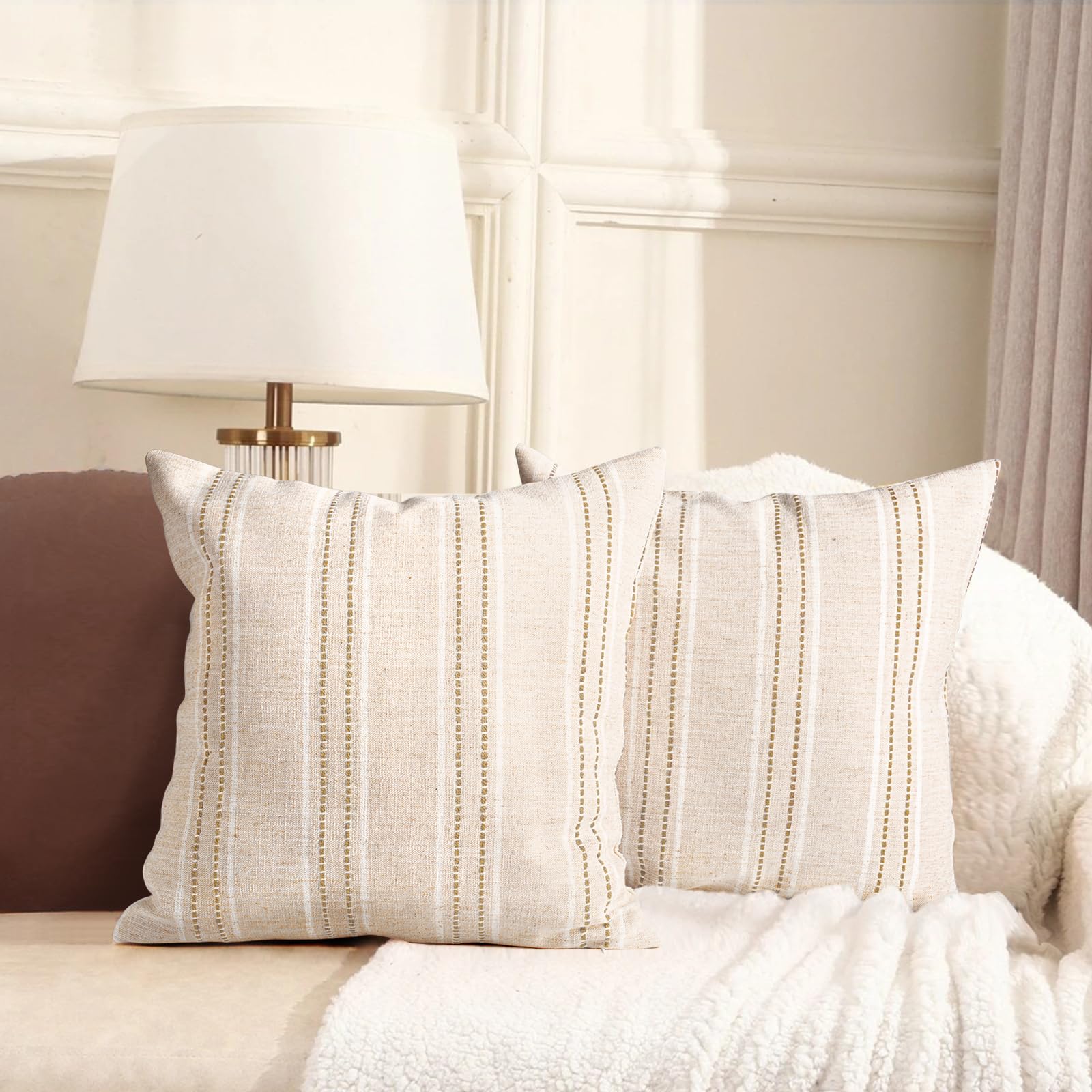 Aels 16X16 Decorative Farmhouse Linen Throw Pillow Covers, Boho Textured Pillow Case, Set Of 2, Beige With White & Brown Stitch