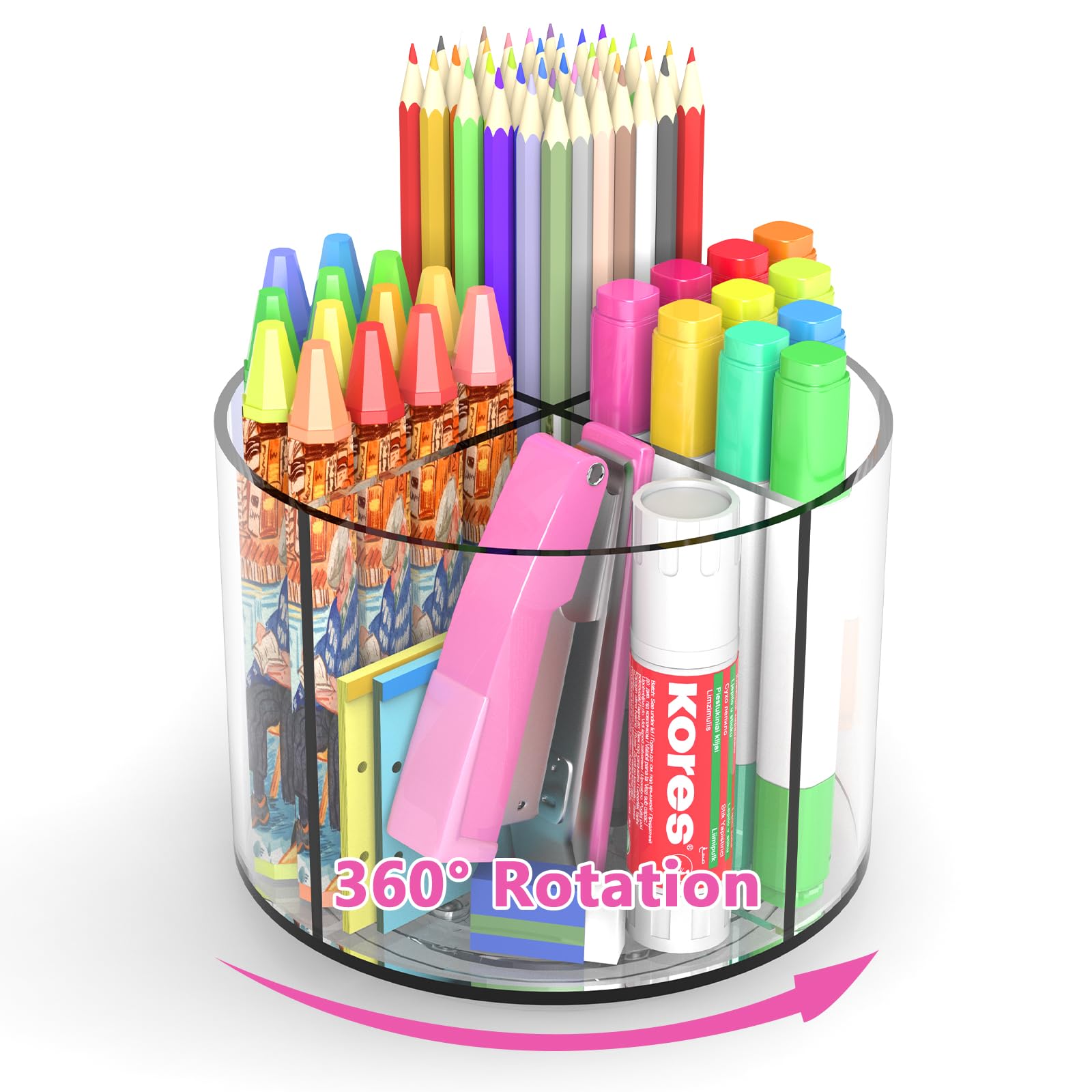 Small Pencil Organizer For Desk Acrylic 4 Compartments, Tiny Rotating Art Supply Organizer Kids, Spinning Round Marker Organizer
