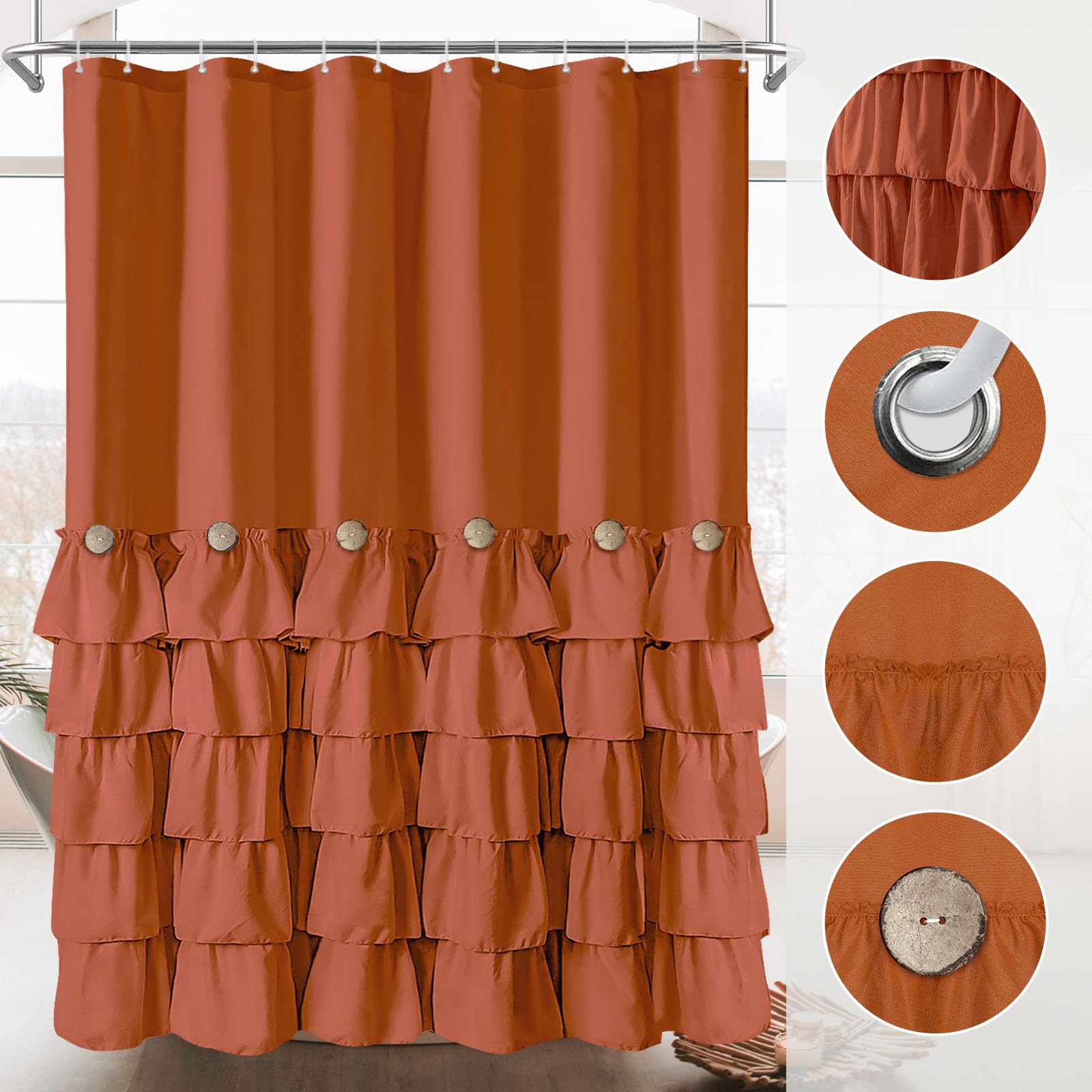 Seasonwood Orange Shower Curtain Burnt Orange Shower Curtain With Nature Buttons Ruffle Shower Curtains Farmhouse Shower Curtain