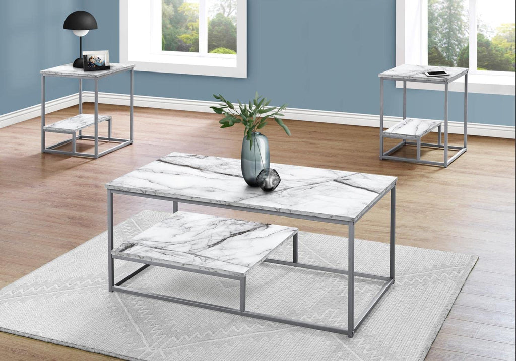 Monarch Specialties I 7963P Table Set, 3pcs Set, Coffee, End, Side, Accent, Living Room, Metal, Laminate, White Marble Look, Grey, Contemporary, Modern