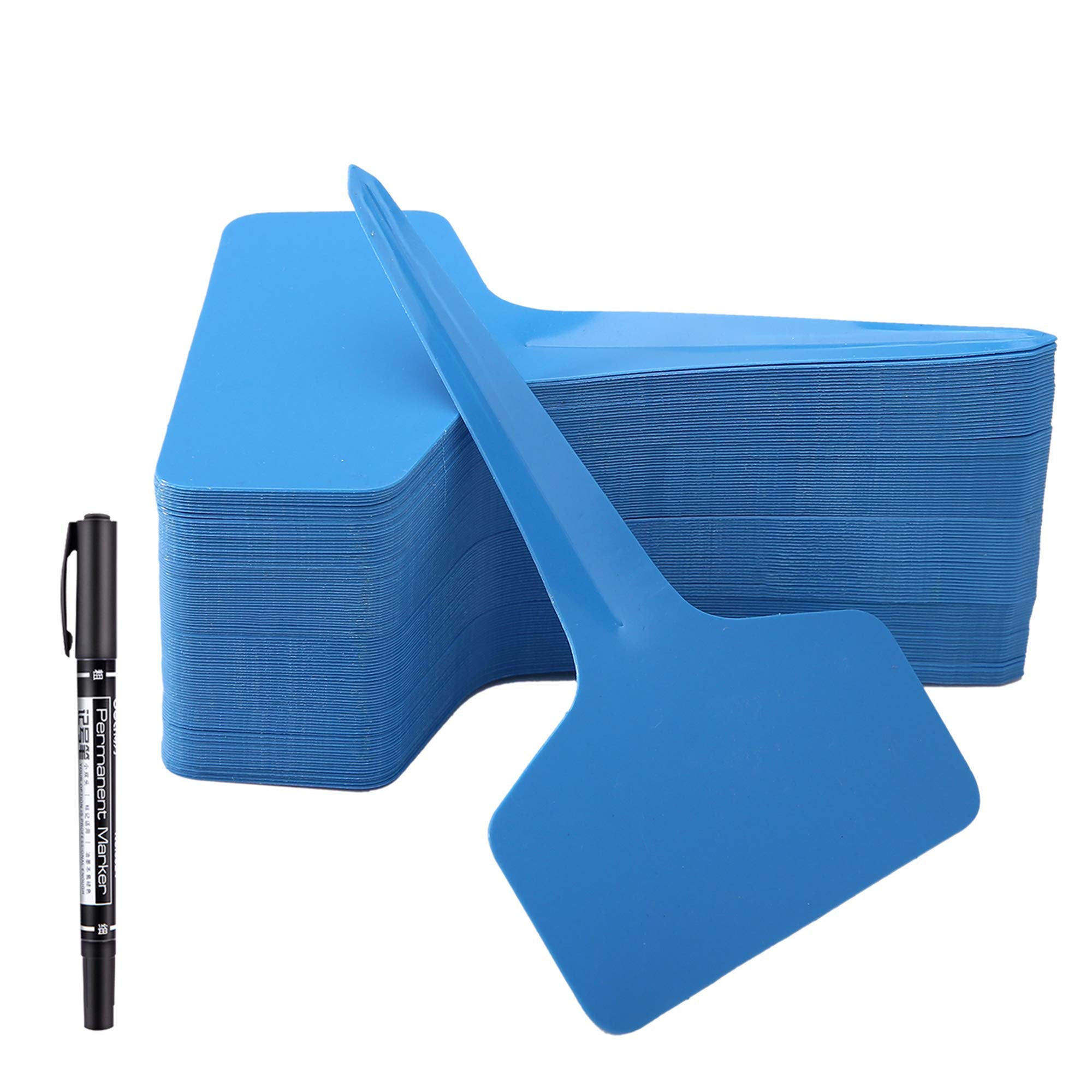 100 Pcs T-Type Plant Labels With A Gel Pen, Waterproof Nursery Plant Tags Plastic Garden Markers, Blue, 6 X 10Cm
