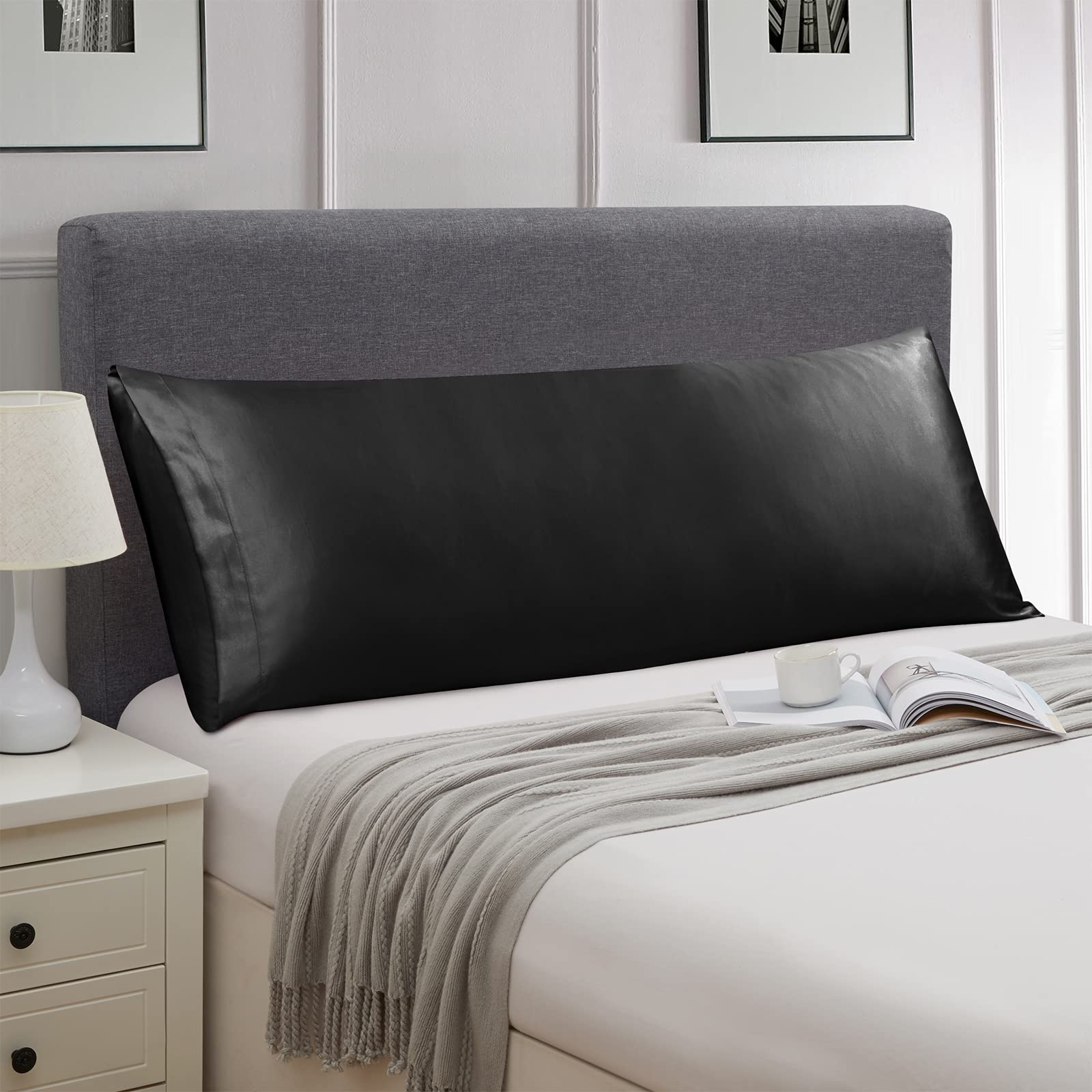 Ersmak Satin Body Pillow Cover, 20X54 Inches Black Ultra Soft Satin Body Pillow Case For Hair And Skin, Silky Slip Cooling Long