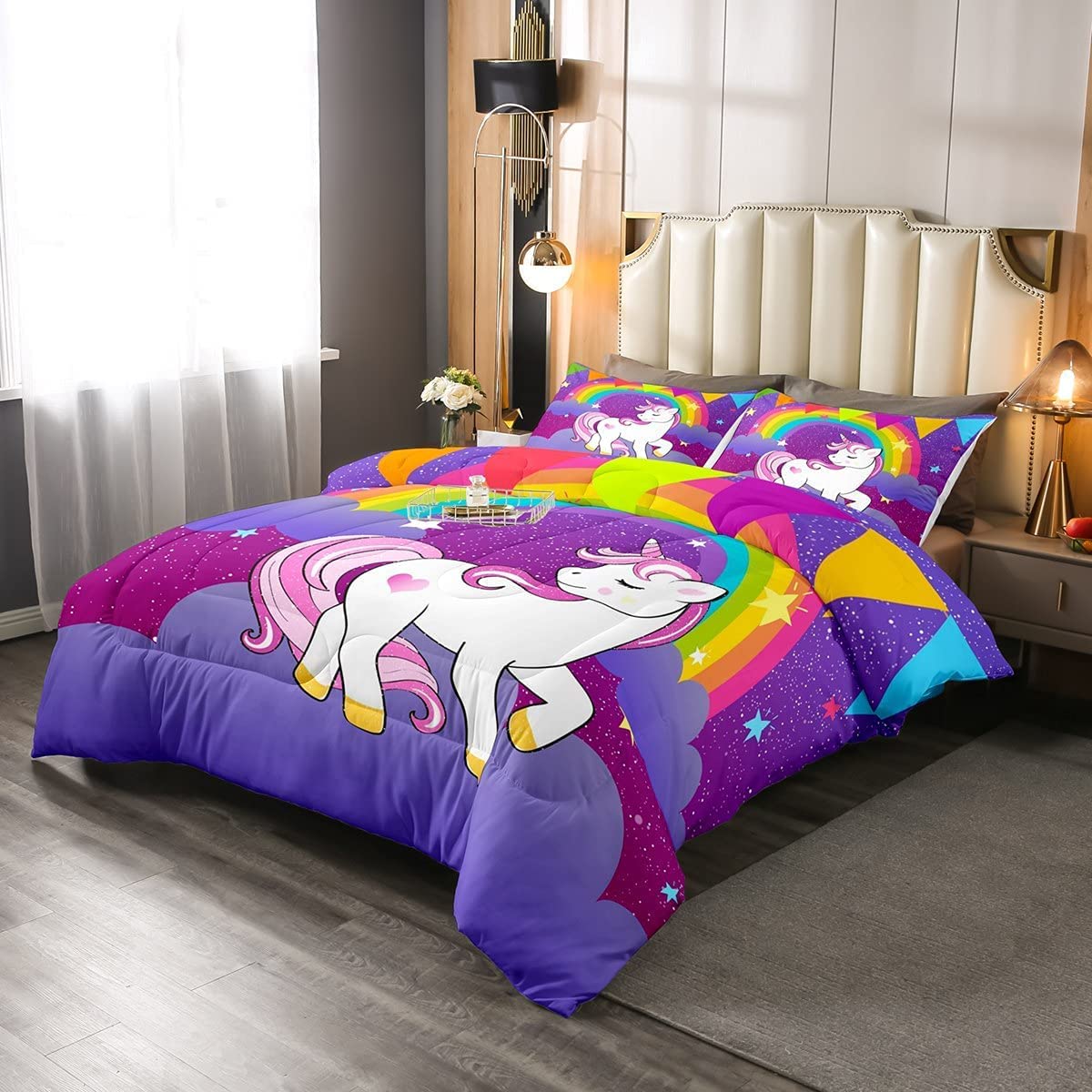 Girls Unicorn Comforter Set King Girls Bedding Set Cute Rainbow Unicorn Print Down Comforter Kids Cartoon Kawaii Duvet Set Galax