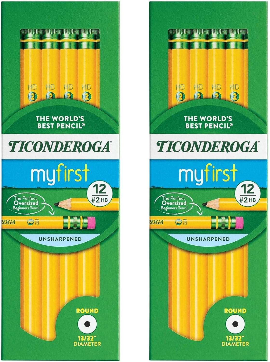 Ticonderoga Pack Of 2 Beginners' Elementary Pencils, With Eraser, 2 Lead, Yellow Barrel, Pack Of 12