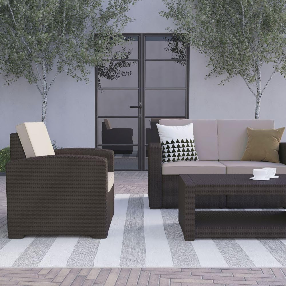 Flash Furniture Seneca 4 Piece Outdoor Faux Rattan Chair, Loveseat and Table Set in Seneca Chocolate Brown