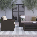 Flash Furniture Seneca 4 Piece Outdoor Faux Rattan Chair, Loveseat and Table Set in Seneca Chocolate Brown