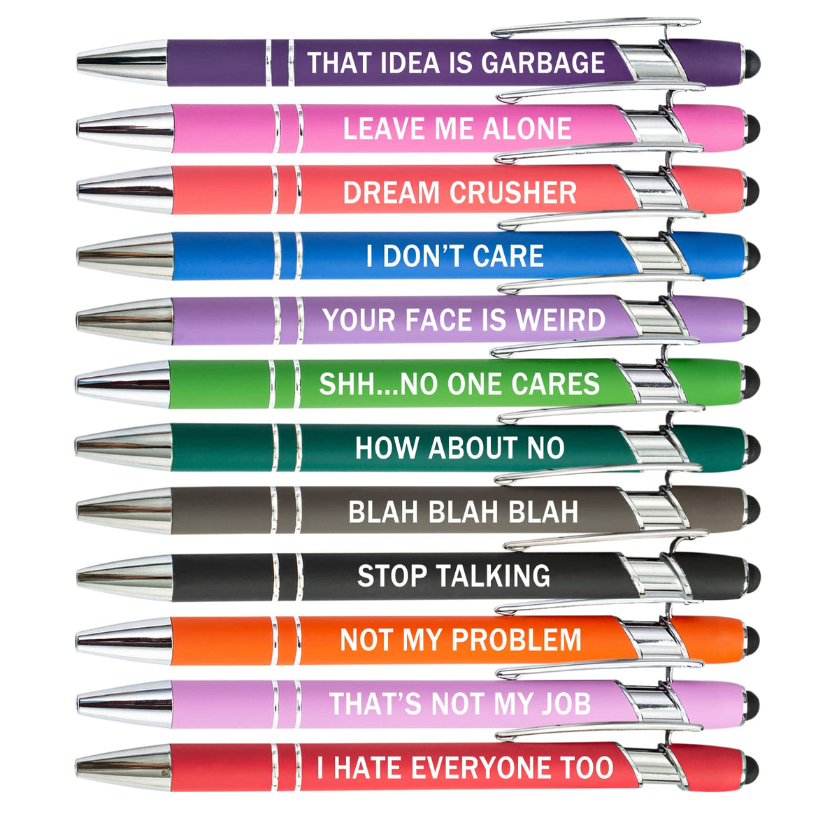 Pasisibick 12 Pieces Funny Sarcastic Ballpoint Pens, Office Snarky Touch Screen Stylus Pen Encouraging, Black Ink (12 Color,Nega
