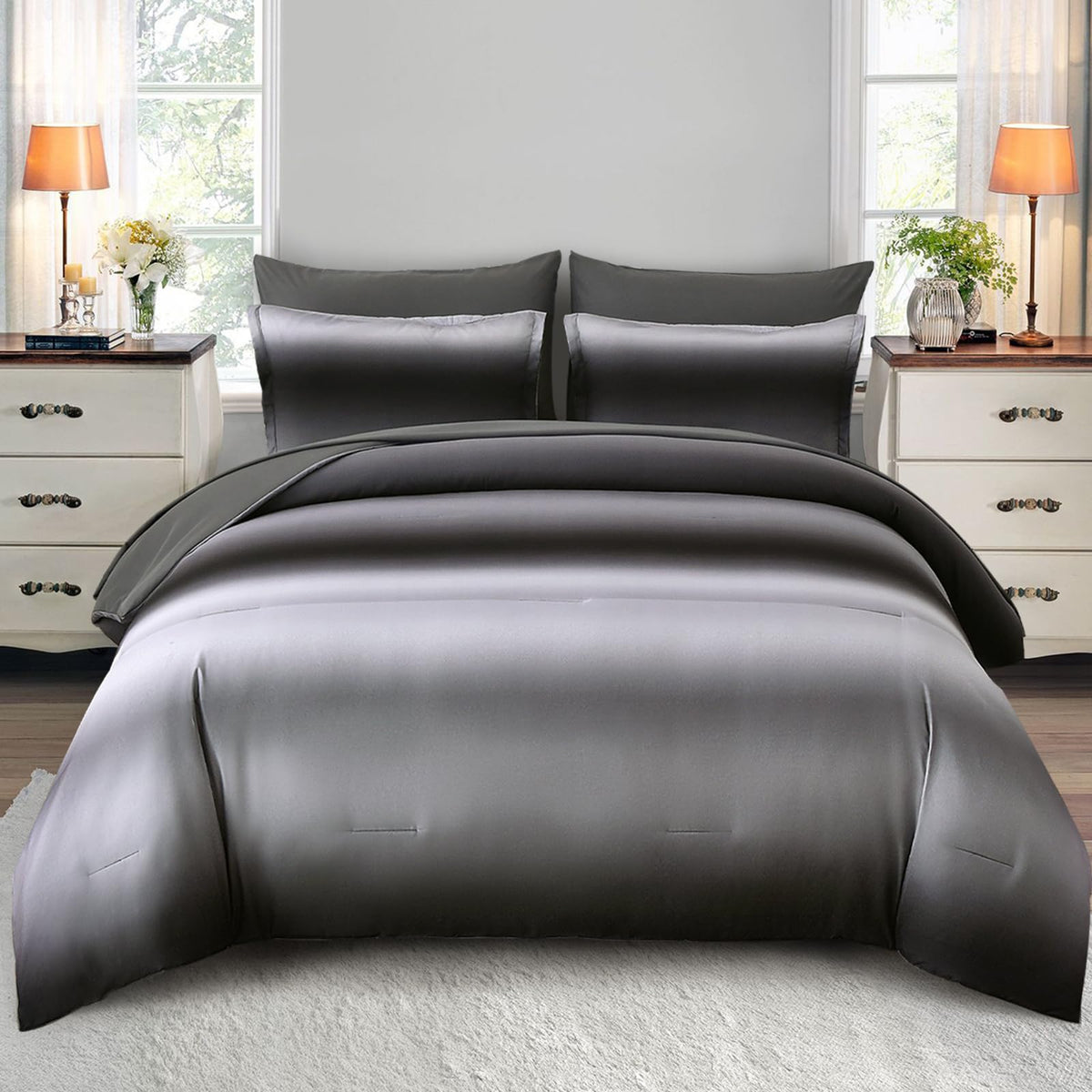Dinjoy Boho Striped Ombre Grey Comforter Set King Size Gradient Gray Bedding Set For Teen Men Women 7 Pieces Bed In A Bag Bed Se