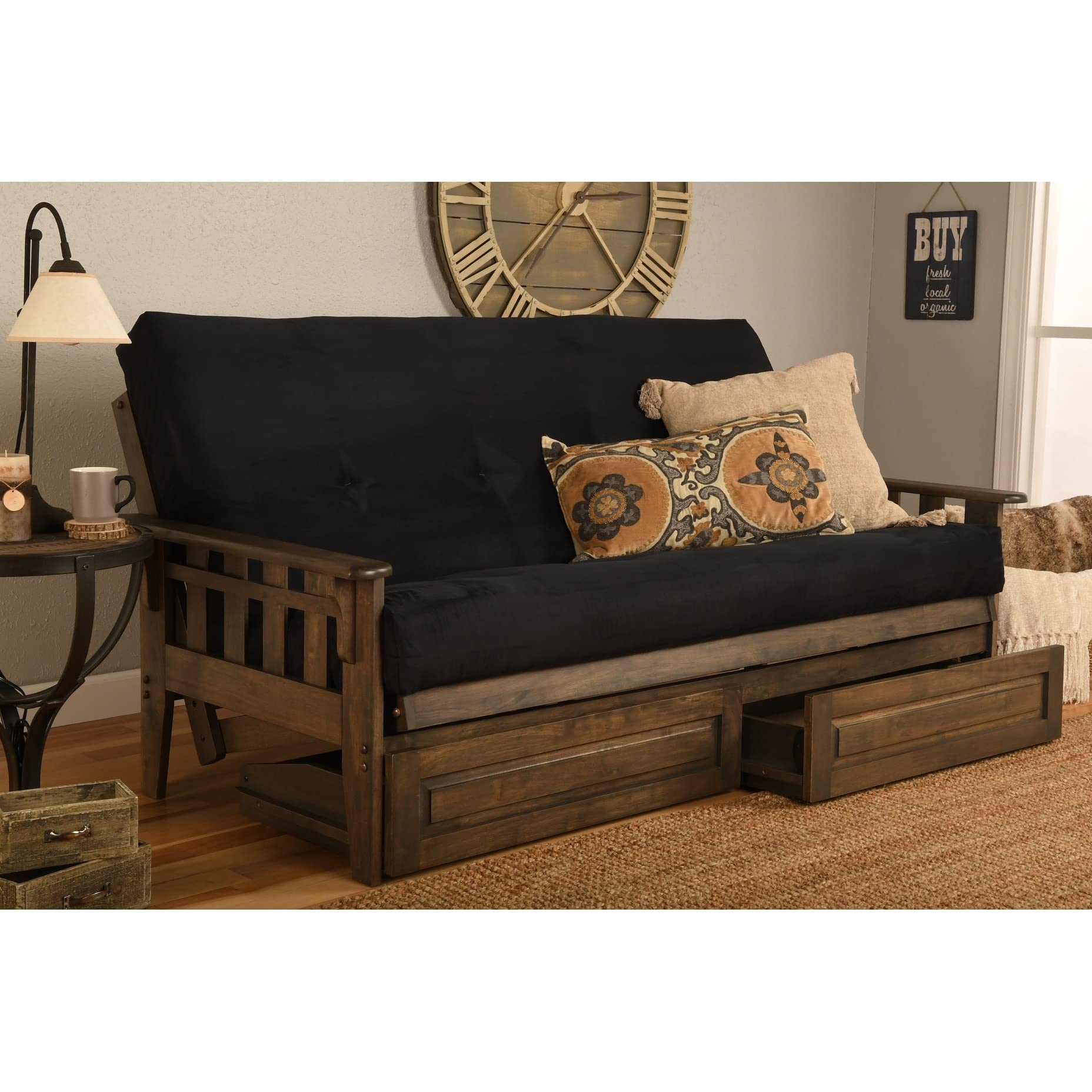 Kodiak Furniture Tucson Full Futon Set In Rustic Walnut Finish With Storage Drawers, Suede Gray