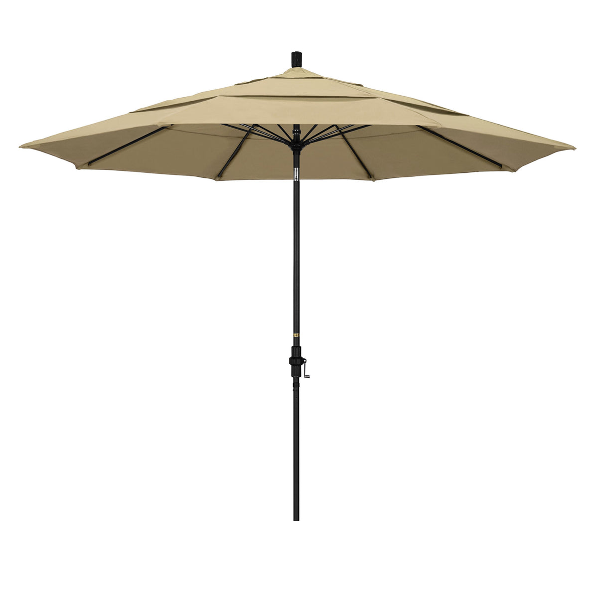 California Umbrella 11' Round Aluminum Pole Fiberglass Rib Patio Umbrella, Crank Lift, Collar Tilt, Black Pole, Sunbrella Antiqu