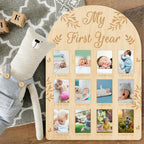 Origach My First Year Baby Growth Photo Display Wood Board - 12 Months Newborn Milestones Picture Frame - Neutral Baby Keepsake