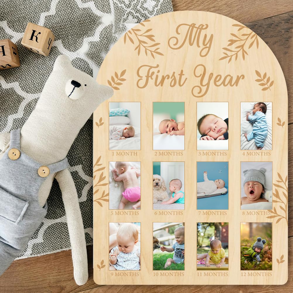 Origach My First Year Baby Growth Photo Display Wood Board - 12 Months Newborn Milestones Picture Frame - Neutral Baby Keepsake
