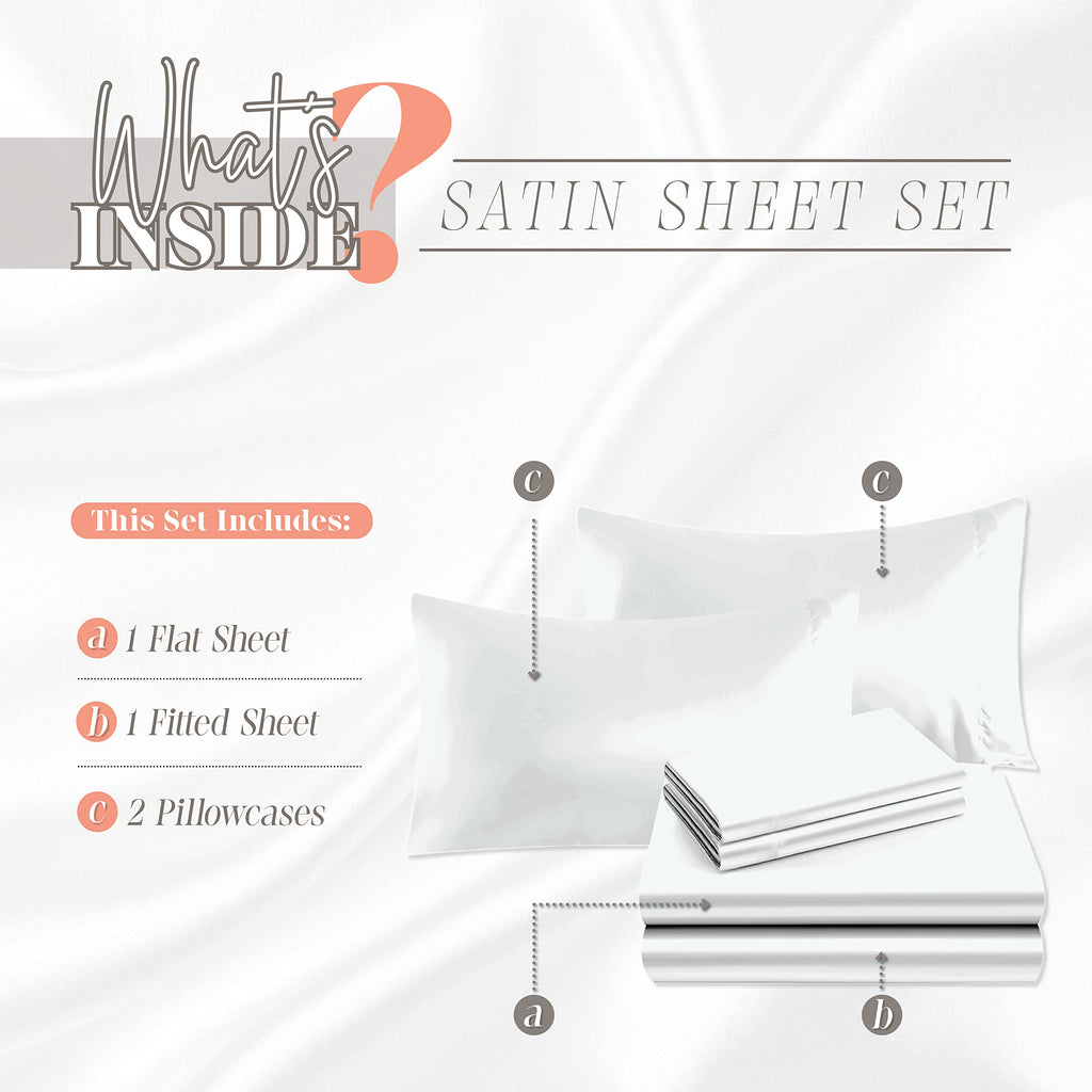 Elegant Comfort Luxurious 4-Piece Silky Satin Sheet Set, Skin And Hair Friendly, Wrinkle, Fade, Stain Resistant With Deep Pockets Fitted Sheet, Cooling Soft Satin Sheet Set, Twin Xl, White