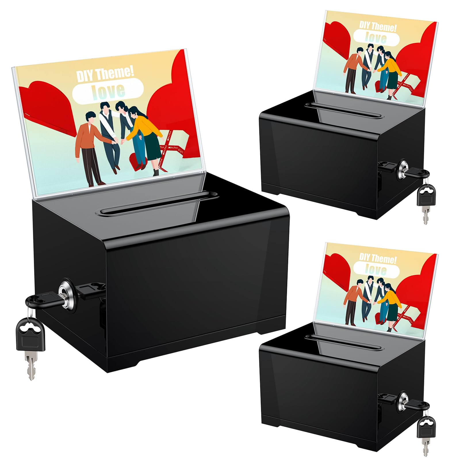 Uniclife 3 Pack Black Acrylic Donation Box For Fundraising Suggestion Box With Slot And Lock Plastic Ballot Box With Sign Holder
