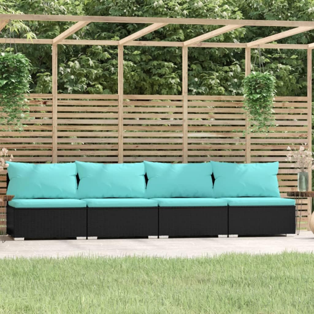 vidaXL 4-Seater Sofa Set - Black Poly Rattan Outdoor Patio Lounge Set with Aqua Cushions and Weather-Resistant Materials