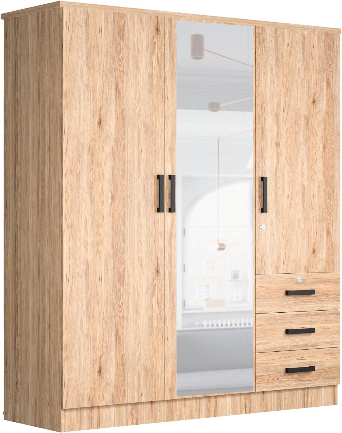 Violet Wardrobe Mirrored Door Closet 3 Doors and 3 Drawers (Natural Oak)