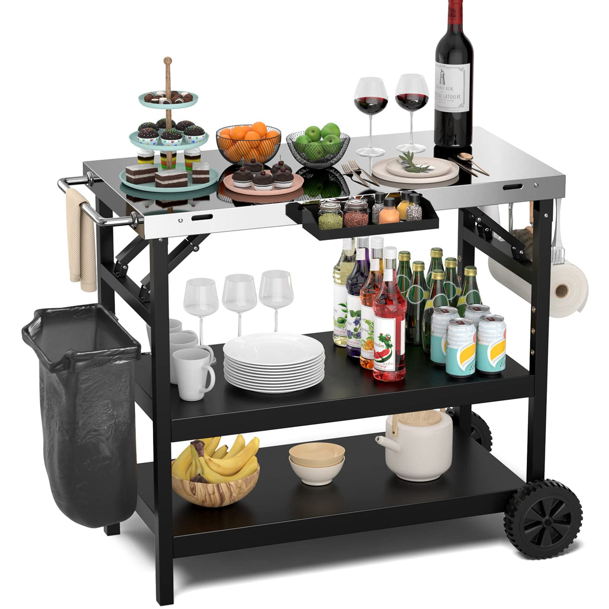 Giantex Outdoor Grill Cart With Wheels, Food Prep Table With 3 Storage Shelves, Detachable Spice Rack, Garbage Bag Holder, 4 Hoo
