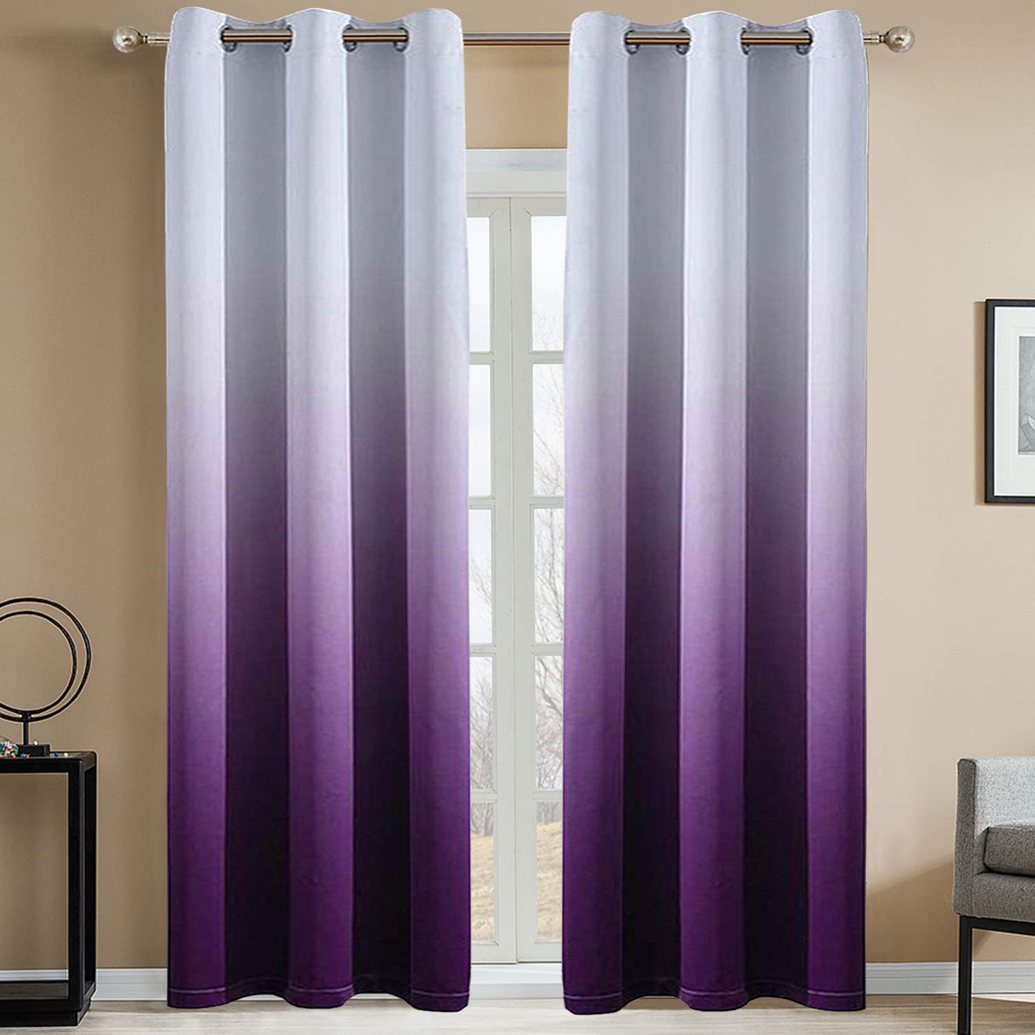 Yakamok Light Blocking Gradient Color Curtain Panels Purple Ombre Blackout Curtains Room Darkening Thermal Insulated Grommet Win