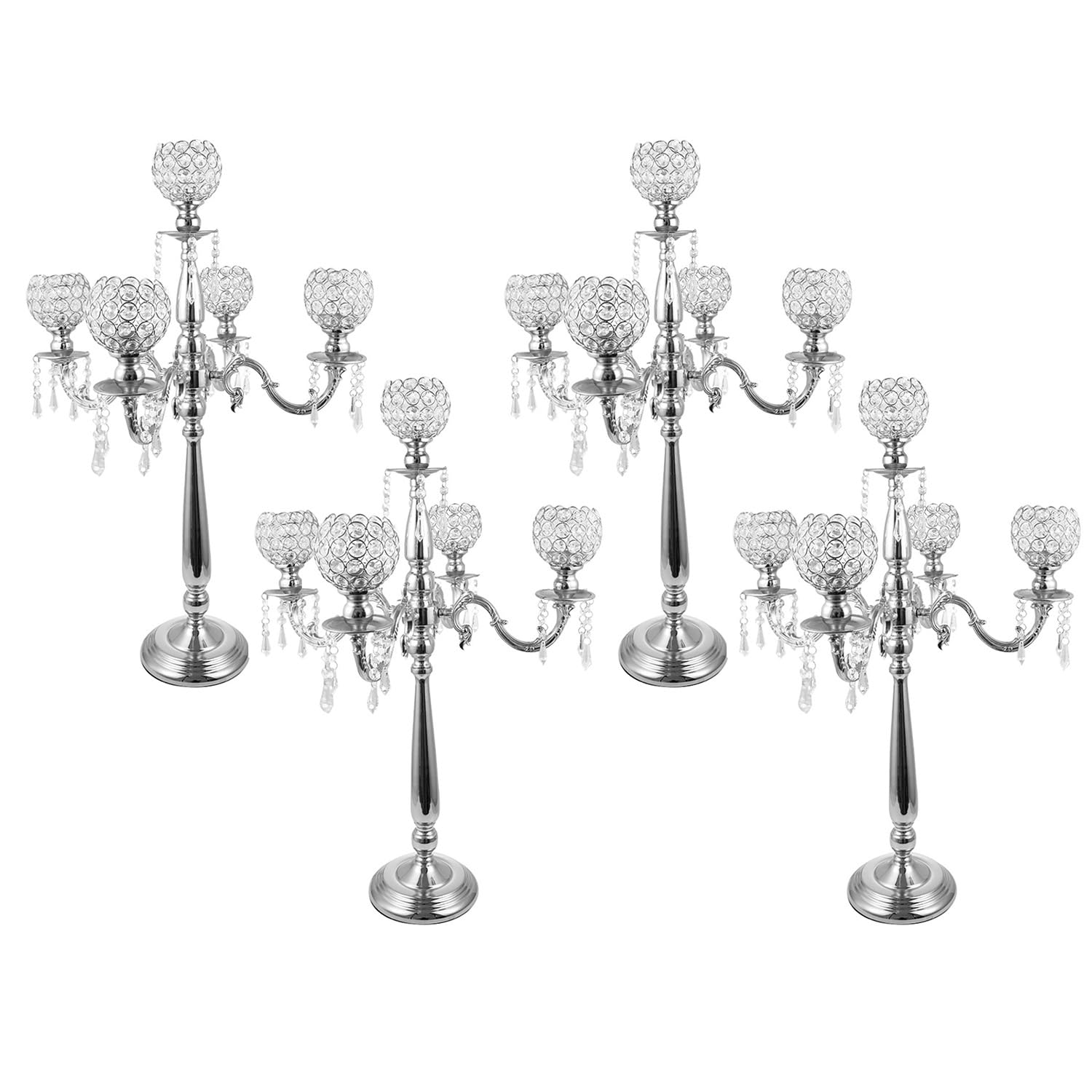 VINCIGANT4Sets 5 Arm Crystal Candelabra Centerpieces for Wedding,29.5Inches Tall Silver Metal Candlestick Holders with 5 Flower 