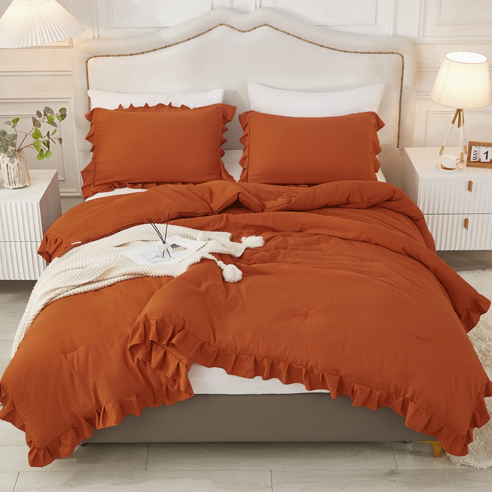 Andency Terracotta Ruffle Comforter Full(79X90Inch), 3 Pieces(1 Ruffled Comforter And 2 Pillowcases) Solid Farmhouse Shabby Chic Comforter, Vintage Rustic Soft Microfiber Bedding Set