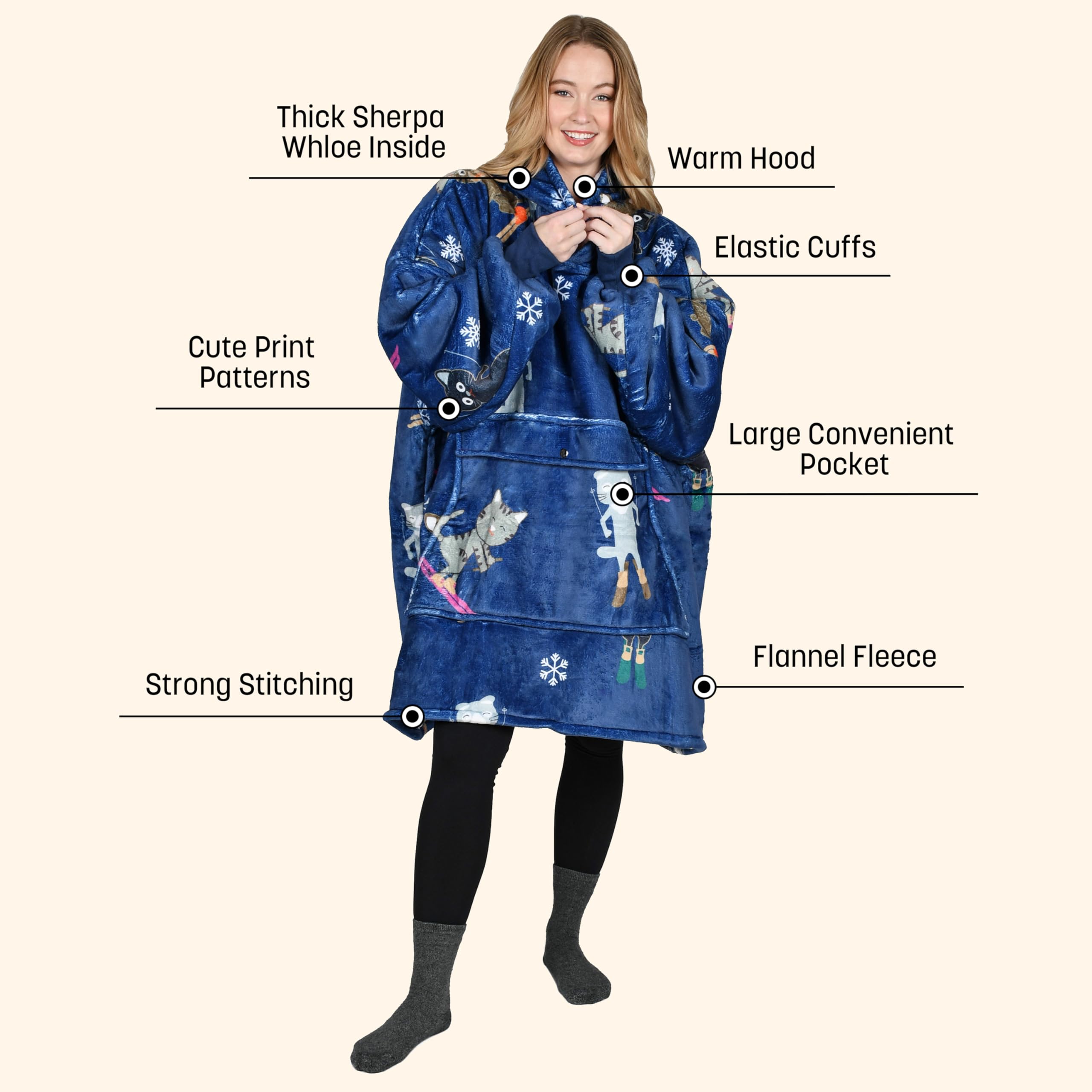 Catalonia Ski Cat Print Oversized Hoodie Blanket Sweatshirt, Wearable Sherpa Giant Pullover For Adults Men Women Teenagers Wife