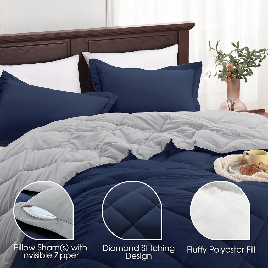 Basic Beyond California King Comforter Set Reversible Cal King Comforter Set, Navy Blue Comforter Set California King For All Seasons, 1 Comforter 106'X92' And 2 Pillow Shams 20'X36'+2'