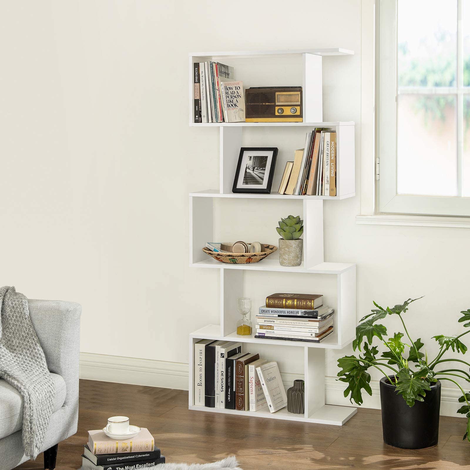 Vasagle Wooden Bookcase, Display Shelf And Room Divider, Freestanding Decorative Storage Shelving, 5-Tier Bookshelf, White