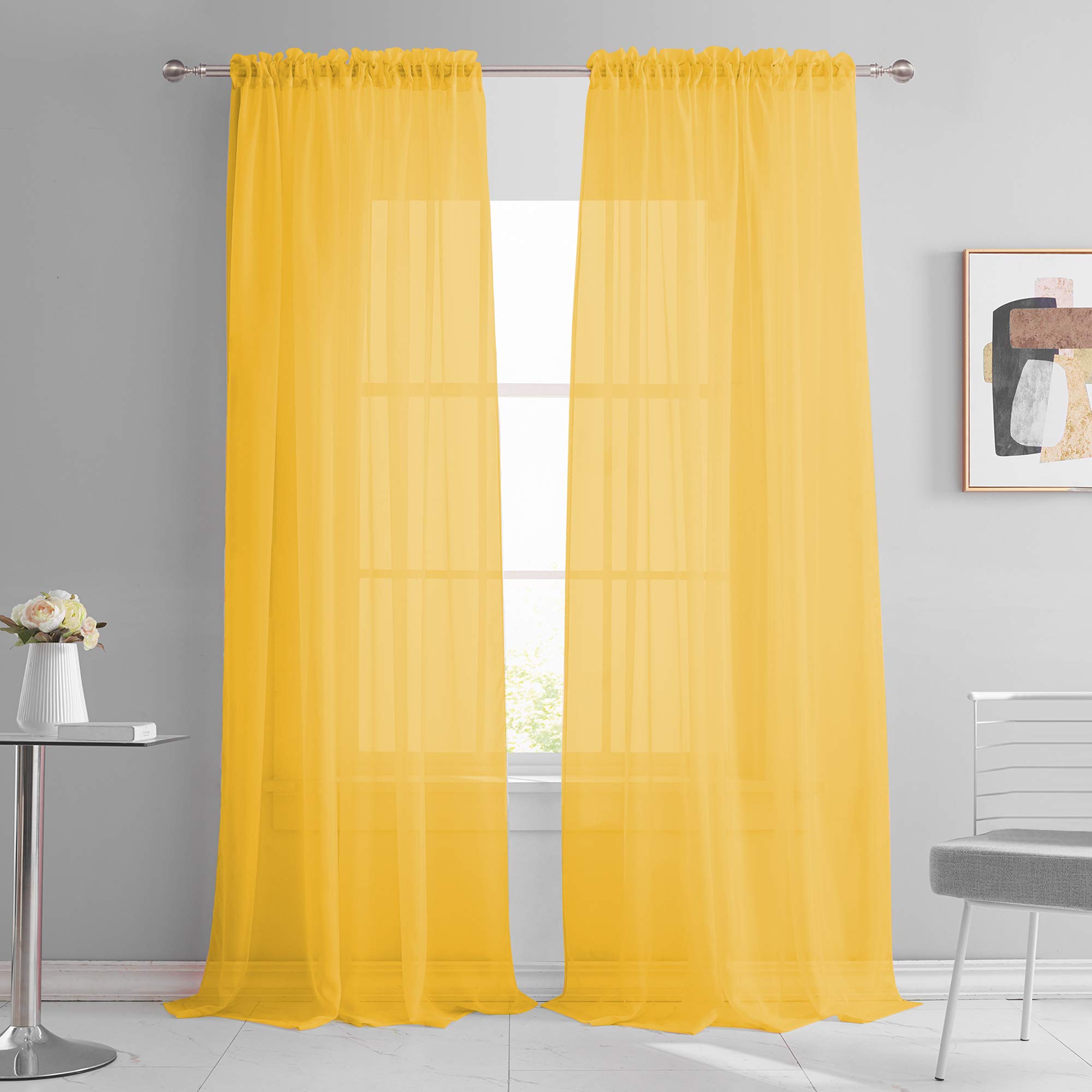 Keqiaosuocai Gold Yellow Sheer Curtains 108 Inches Long Bedroom Extra Long Dark Yellow Sheer Voile Rod Pocket Drapes Panels For